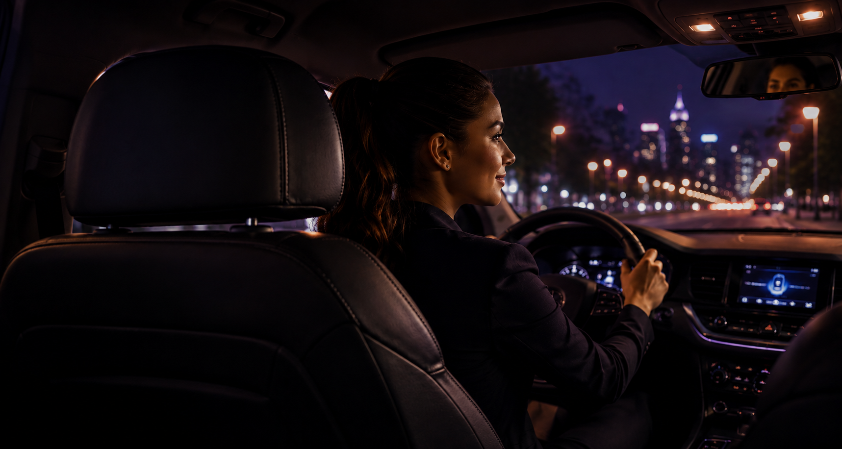 Conductrice professionnelle en costume près de sa voiture